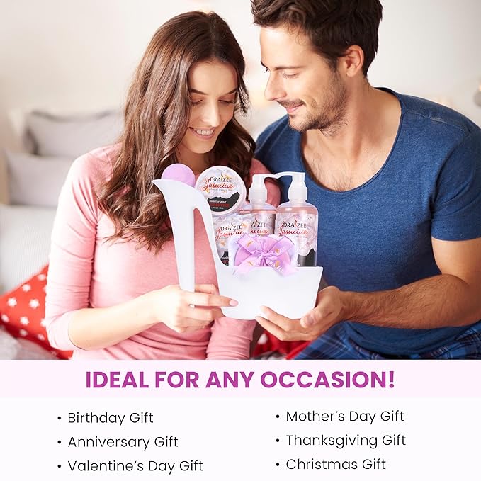 Draizee Mothers Day Gifts for Mom-Spa Gift Baskets for Women-8 Pcs Luxury Jasmine Scented Heel Shoe Design Bath and Body Spa Set Self Care Package for Women, Presents for Mom-Body Care Set for Her