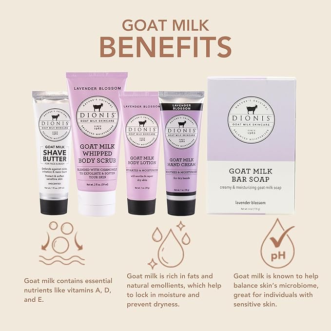 Dionis Goat Milk Lavender Blossom 6 Pc Self-Care Travel Set + 8oz Whipped Body Scrub – Hydrating Exfoliation & Moisture Kit for Smooth, Soft Skin – Cruelty-Free, Paraben-Free, Made in the USA