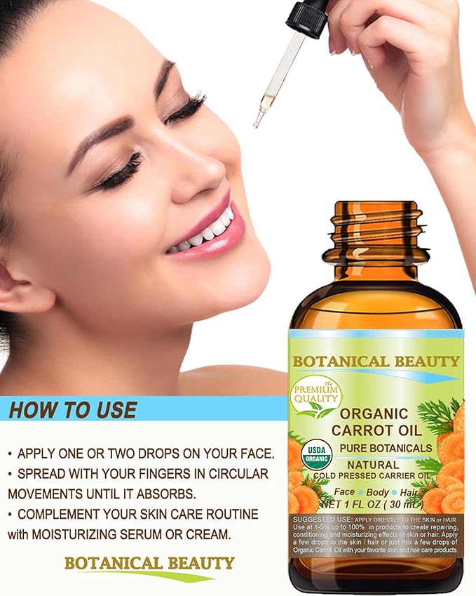 Botanical Beauty Organic CARROT SEED OIL 100% Pure VIRGIN UNREFINED Undiluted Cold Pressed Carrier Oil 2 Fl.oz.‐ 60 ml. for Face, Skin, Body, Hair, Lip, Nails. Rich in Beta Carotene, Vitamin E