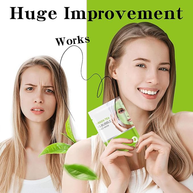 IREV 10 Pack Green Tea O2 Bubble Face Masks Sheet, Bubble Facial Mask, Foaming Face Mask, Purifying Facial Mask for Acne and Pores, Moisturizing Spa Face Masks Skincare, Brightening Beauty Masks