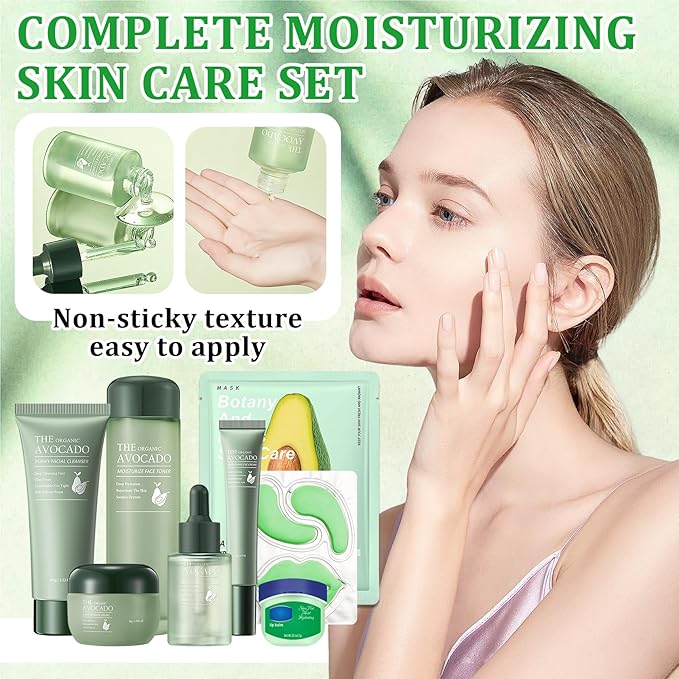 10 Pcs Avocado Skin Care Set with Facial Cleanser,Toner,Face Serum,Face Cream,Eye Cream,Moisturizing Lip Balm,Under Eye Patch and Lip Mask,Hydrating Face Sheet Masks Skin Care Kit for Women and Men