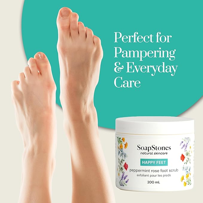 Soapstones Happy Feet Peppermint Rose Exfoliating Foot Scrub - 200mL Skin Exfoliator for Body & Feet with Dead Sea Salt & Safflower Oil - Refreshing Peppermint & Rose Scent for Soft, Revitalized Skin