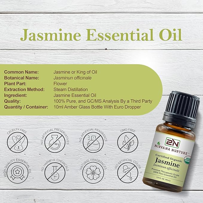Jasmine Essential Oil USDA Certified Organic 100% Pure Premium Therapeutic Grade, Undiluted - Aromatherapy Diffuser for Calm and Relaxation, Skin Care, Hair Care
