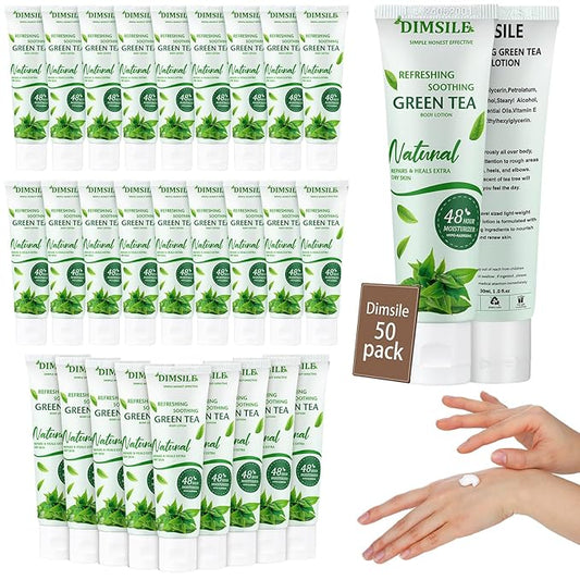 50 Pack Green Tea Travel Size Body Lotion 1 Oz Dry Skin Moisturizer with Flip Cap for Extra Dry Skin, for Inns and Hotels, Airlines, Offices, Gyms and More