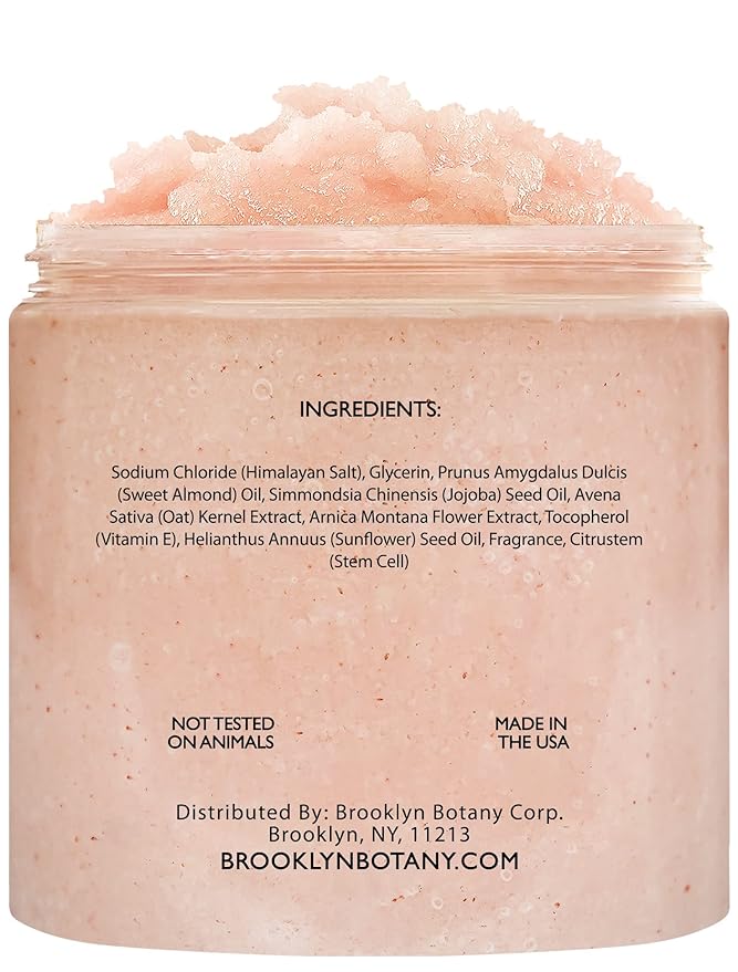 Brooklyn Botany Himalayan Salt & Stem Cell Body Scrub - Moisturizing and Exfoliating Body, Face, Hand, Foot Scrub - Fights Stretch Marks, Fine Lines, Wrinkles - Great Gifts for Women & Men - 10 oz