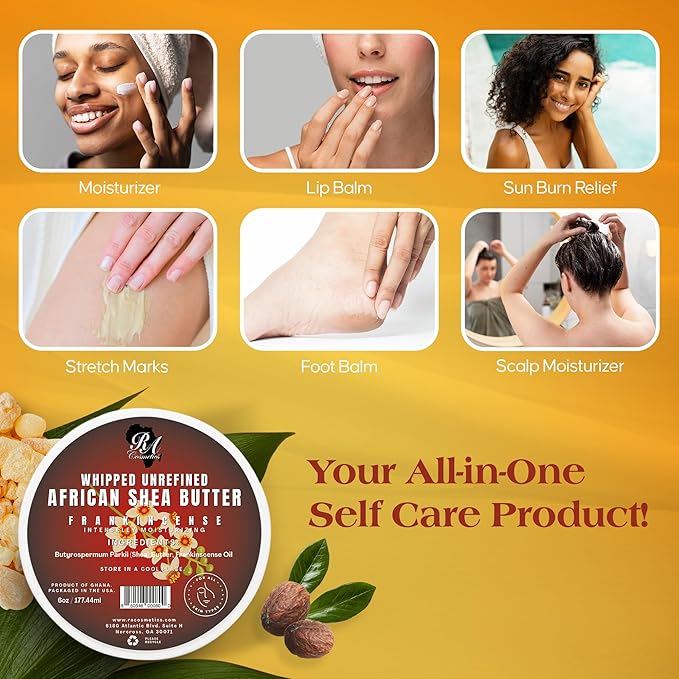 RA COSMETICS Whipped Shea Butter Frankincense - 6oz | 100% Pure & Natural African Shea Butter for Men & Women - Handcrafted Moisturizer with Essential Vitamins for Softer Lips, Healthier Skin & Hair