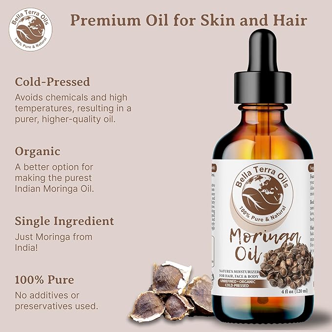 Bella Terra Oils Moringa Oil for Radiant Skin & Lustrous Hair – 1gallon, Antioxidant-Rich, Non-Greasy, Quick Absorption