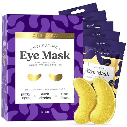 DERMORA Golden Glow Under Eye Patches (15 Pairs Eye Gels) - Rejuvenating Treatment for Dark Circles, Puffy Eyes, Refreshing, Revitalizing, Travel, Wrinkles