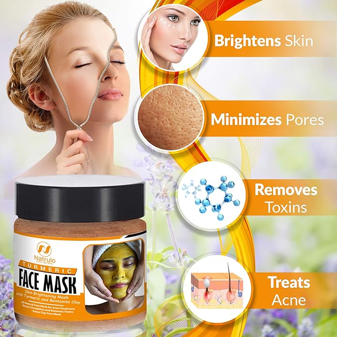 Natrulo Turmeric Face Mask - Skin Brightening Mask with Turmeric and Bentonite Clay - All-Natural Face Mask for Acne Treatment - Boosts Circulation and Removes Toxins - Detox Clay Face Mask
