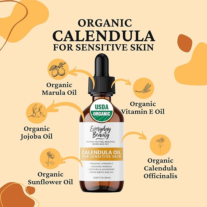 Organic Calendula Oil For Sensitive Skin - USDA Certified 100% Plant Based, Lightweight & Unscented Gentle Soothing Oil For Sensitive Skin - For Face, Skin & All Over - 2.02 Fl Oz Glass & Dropper