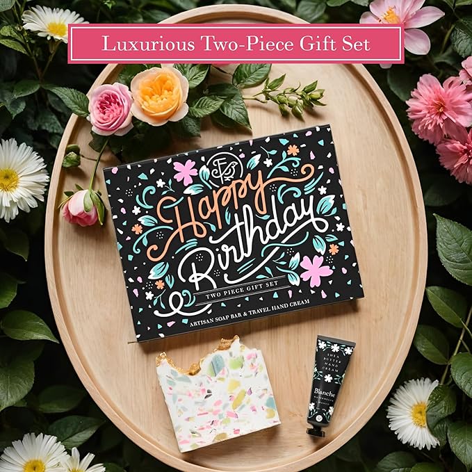 FinchBerry Happy Birthday 2 Piece Gift Set - Unique Birthday Gifts for Women: Mom, Sister, Wife, Girlfriend, Daughter, Friends & Family- Includes Blanche Bar Soap (4.5 oz) & Travel Hand Cream (1 oz)