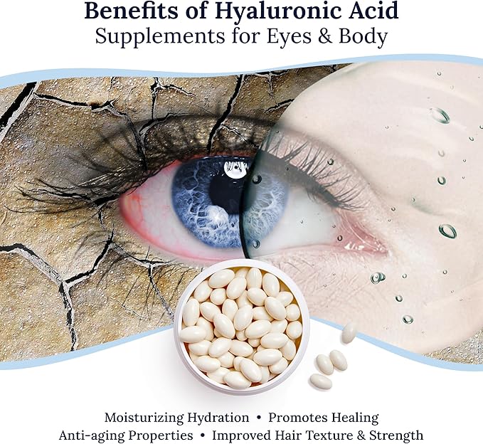 High Absorption Hyaluronic Acid | Hyaluronic Acid Supplements | Hydration Tablets | Anti Aging Supplement | Eye Vitamins | Eye Supplements | 120 Softgels