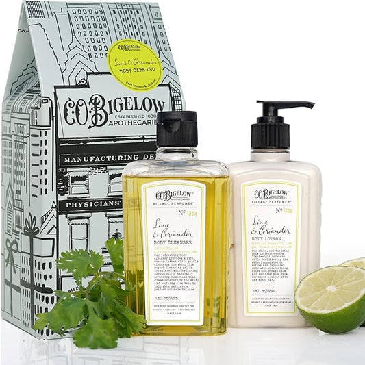 C.O. Bigelow Apothecary Duo, Lime Coriander Body Care Gift Box with Body Soap & Lotion, Gift Set of Two - Moisturizing Lotion & Liquid Body Wash for Dry Skin - 10fl oz Each