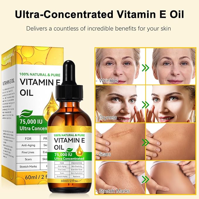 Vitamin E Oil for Skin Face Scars and Hair, Natural Vitamin E Oil Blend 75,000 IU, Body Bath Moisturizing Dry Skin and Winkles -2Fl Oz(2PCS)