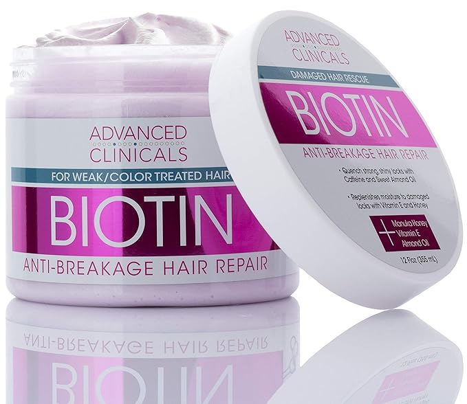 Advanced Clinicals Biotin Hair Treatment Anti-Breakage Repair Hair Mask. Strengthen Broken, Color-Treated Hair W/Repairing Deep Conditioner Manuka Honey & Caffeine, Hydrating Mask Restores Weak Hair