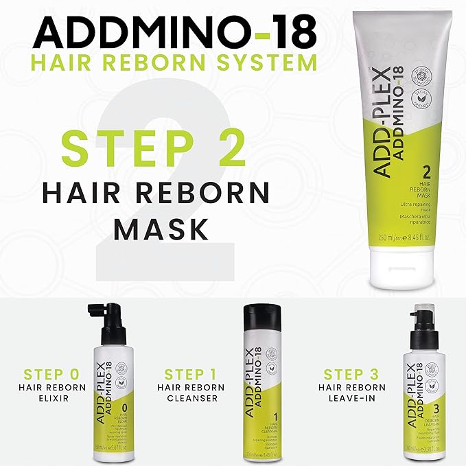 ADDMINO-18 Hair Mask - Reborn Hair Mask for Dry and Damaged Hair and Growth with 18 Amino Acids - Nourishing Hair Treatment - With Pear/Linseed Oil for Hair Care - 250ml/8.45 Fl Oz