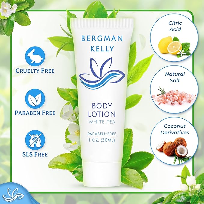 BERGMAN KELLY - Travel Size Lotion - 1 fl oz, 50 PK, White Tea - Delight Your Guests with Invigorating and Refreshing Body Lotion - Quality Mini and Small Size Guest Hotel Toiletries in Bulk