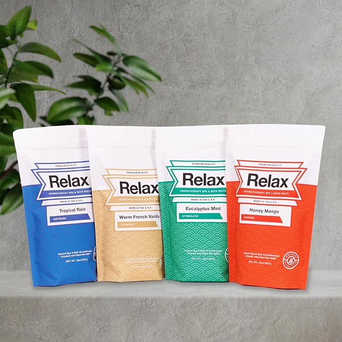 Relax Spa & Bath, Epsom & Dead Sea Salts, Aromatherapy Bath Salts for Hot Tub, Bath, or Spa, Infused with Magnesium, 32 oz Each, 4-Pack