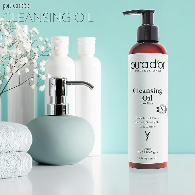 PURA D'OR 8 Oz Facial Cleansing Oil - Nourishing Botanical Blend with & Vitamin, Jojoba and Sunflower Oil - Gentle Makeup Remover & Deep Cleanser For Healthy, Glowing Skin - Paraben-Free Beauty