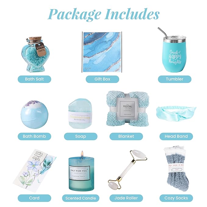 Birthday Gifts For Women, Self Care Gifts For Women - Jade Roller, 10 in 1 Spa Basket Care Package, Get Well Soon Gifts w/ Plush Blanket, Relaxing Spa Gift Basket, Birthday Gift Basket For Mom Wife