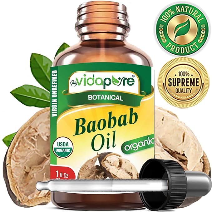 MYVIDAPURE Organic BAOBAB OIL Certified Organic 100% Natural Pure VIRGIN UNREFINED. 1 Fl.oz.- 30 ml. For Skin, Face, Hair, Lip and Nail Care