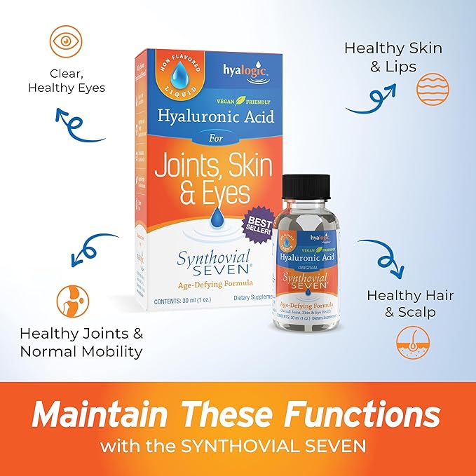 Hyalogic Synthovial Seven - Oral Hyaluronic Acid Supplement 1oz (Pack of 2) - Liquid HA Supports Skin, Eye, and Lip Hydration - Gluten-Free, Vegan