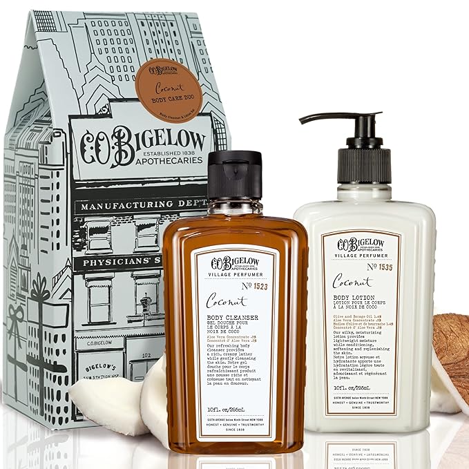 C.O. Bigelow Apothecary Duo, Coconut Body Care Gift Box with Body Soap & Lotion, Gift Set of Two - Moisturizing Lotion & Liquid Body Wash for Dry Skin - 10fl oz Each