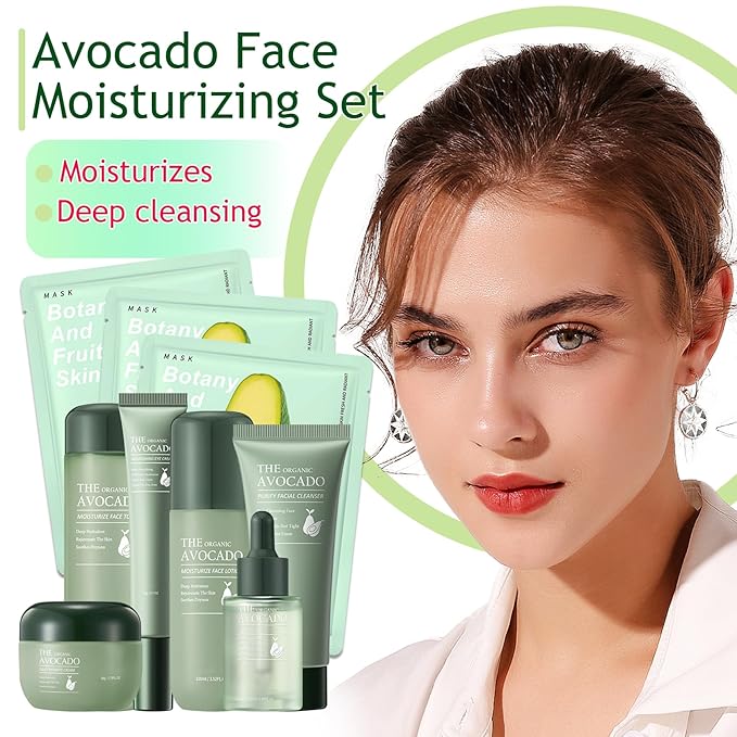 Avocado Skincare Set,Hydrating Travel Size Avocado Face Wash,Moisturizing Face Toner & Face Serum & Face Cream,Eye Cream Skin Care Gift Set for Women(9PCS)