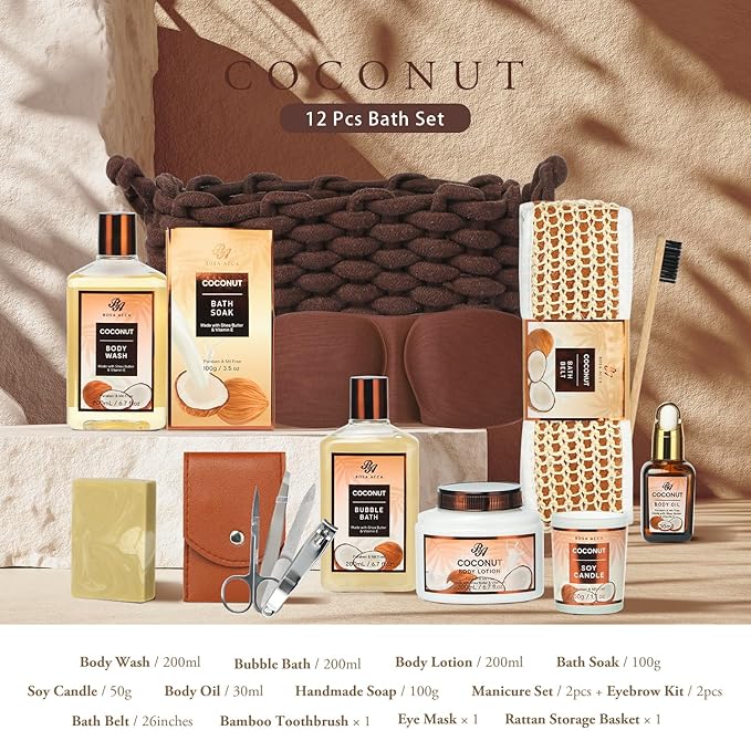 Mother's Day Gift for Mom, Spa Gift Set, 12pcs Spa Basket Set Coconut & Almond For Women & Men, Body Wash, Bubble Bath, Bath Soak, Manicure Set, Birthday Gifts, Gift for Her Home Bath, Self Care Kit