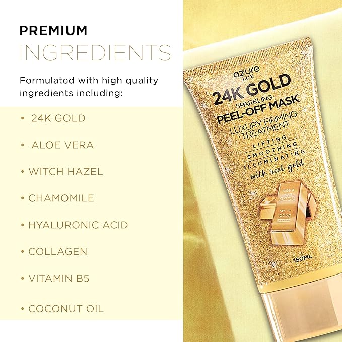 AZURE 24K Gold Firming Peel Off Face Mask- Anti Aging, Lifting, Illuminating & Revitalizing - Removes Blackheads, Dirt & Oils - With Hyaluronic Acid and Collagen - Skin Care - 150mL
