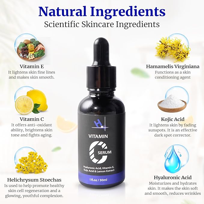 HM Vitamin C Serum with Hyaluronic Acid, Vitamin E & 1 percent Kojic Acid | Anti-Aging & Brightening | Reduces Wrinkles & Enhances Skin Radiance