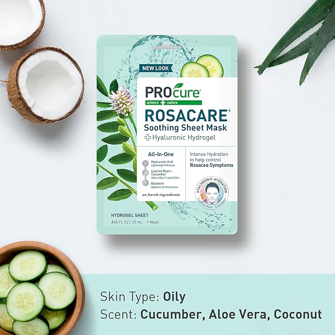 PROcure Rosacare Soothing Sheet Face Mask with Hyaluronic Hydrogel for Rosacea Symptoms, 5 Masks