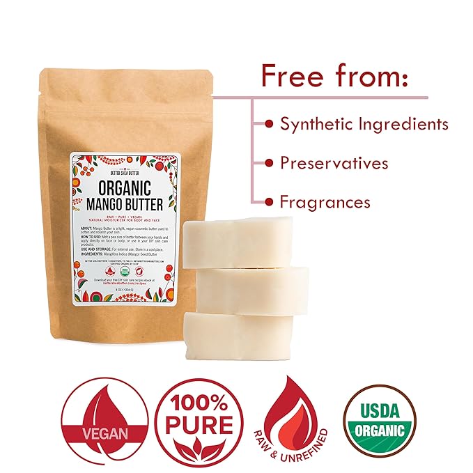 Organic Mango Butter - Raw Organic Unrefined Mango Seed Butter for Skin Care, Body Butter & Hair - Pure Mango Butter Cold Pressed for Soap Making, Mango Lotion | Natural Skin Moisturizer 8 oz