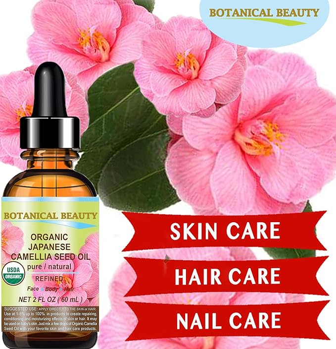 Botanical Beauty Japanese ORGANIC CAMELLIA Seed Oil. 100% Pure Natural Undiluted Refined Cold Pressed Carrier Oil to revitalize and rejuvenate the hair, skin and nails. 2 Fl. oz 60 ml