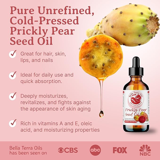 Bella Terra Oils - Prickly Pear Seed Oil 8 oz - The Symmetry of Cactus Extract & Barbary Fig, Overflowing with Vitamin B & Zinc, A Precious Skin Delight