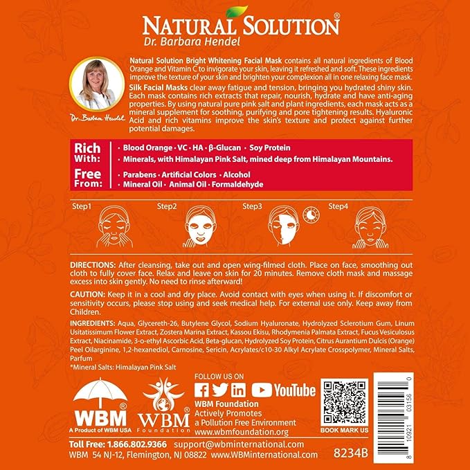 Natural Solution Sheet Mask, Enriched with Blood Orange & Vitamin C, White Brightening and Hydrating, Deep Pore Cleansing, Facial Skin Care - Pack of 20