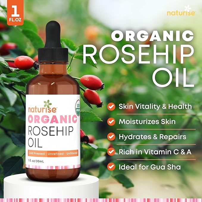 Organic Rosehip Seed Oil for Face, 100% Pure, Natural Cold Pressed Rose Hip Oil for Skin, Hair, Nails and Body Care (1 FL. OZ.)