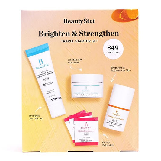 BeautyStat Brighten & Strengthen Daily Travel Starter Kit: 10ml Universal C Skin Refiner, 10ml Probiotic Moisture Boost Cream, 30ml Microbiome Purifying Cleanser, (3) Triple Action Daily Peels