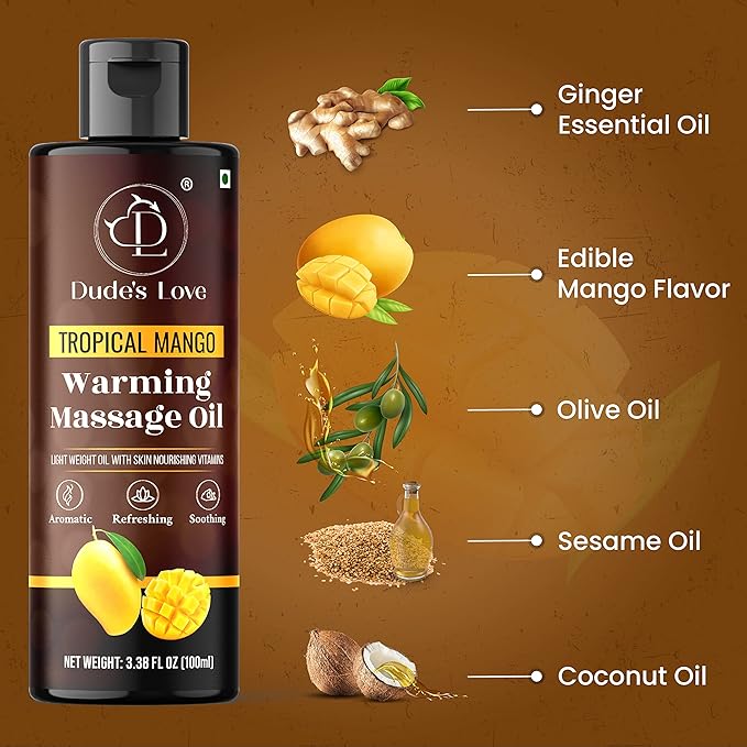 Dude's Love - Organic - Flavored Warming Body Massage Oil - Tropical Mango | No Stain - Non-Sticky | Nourish & Moisturize Skin | Aromatherapy Vegan Oil - 3.38 Fl Oz