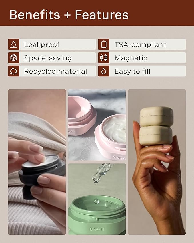 Cadence Travel Containers - Basic Skincare Set - Magnetic Travel Capsules - Facial Cleanser, Moisturizer, Sunscreen - 3 Small Capsules (0.56oz) with Cleanser, Moisturizer & Sun-Icon Label - Evergreen