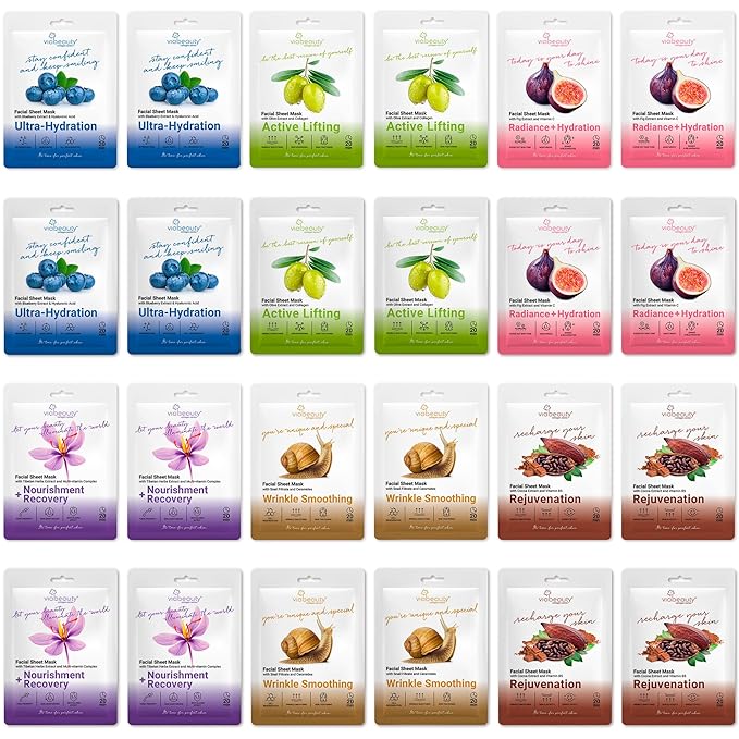 24 Pack of Sheet Face Masks Skincare - Collagen Face Mask Sheets with Hyaluronic Acid, Vitamin C, Snail Mucin - Facial Sheet Mask for Hydrating, Rejuvenating, Moisturizing