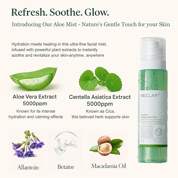 Aloe Vera and Centella Asiatica Toner Mist Spray - Korean Hydrating Skincare Toner - Face Mist for redness and dryness
