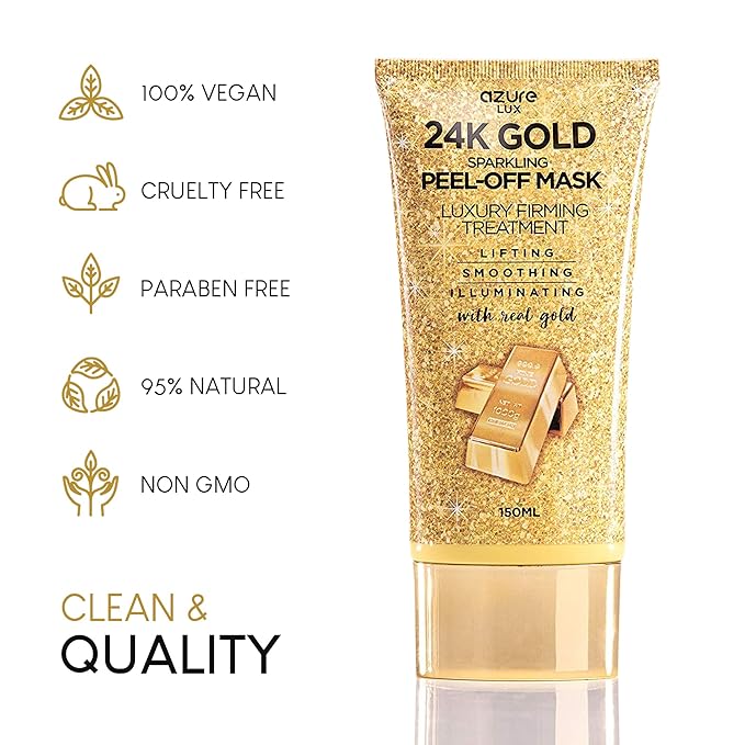 AZURE 24K Gold Firming Peel Off Face Mask- Anti Aging, Lifting, Illuminating & Revitalizing - Removes Blackheads, Dirt & Oils - With Hyaluronic Acid and Collagen - Skin Care - 150mL