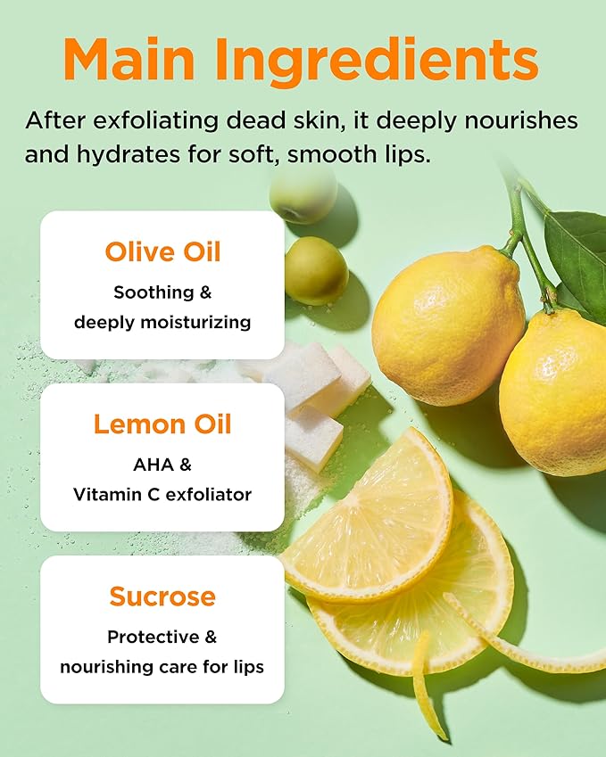 Lemon Sugar Lip Mask – Korean Vegan Lip Scrub & Overnight Exfoliating Treatment for Dry, Chapped Lips – Hydrating, Plumping, Smoothing – Glazed Balm Texture, Non-Sticky, Fragrance-Free, 0.68oz