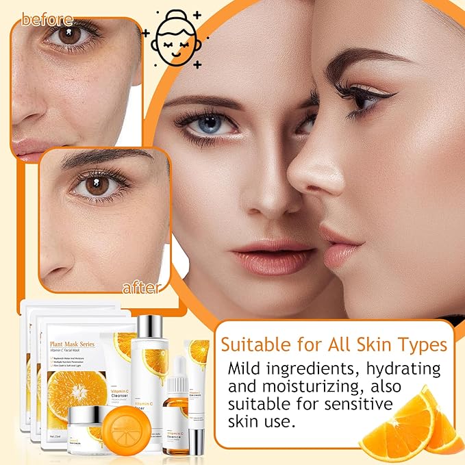 Vitamin C Skincare Set,Hydrating Travel Size Face Wash,Moisturizing Face Toner & Face Serum & Face Cream,Eye Cream Skin Care Gift Set for Women(9PCS)