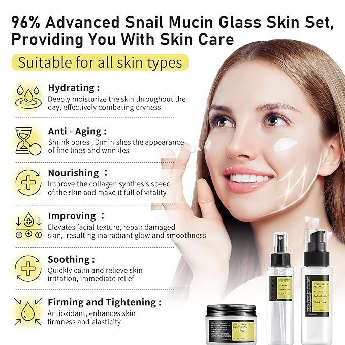 Advanced Snail 96% Mucin Power Essence Set – Korean Skincare Set for Women, Includes Snail Mucin Serum,Hydrating Toner & Face Cream, Moisturizing & Skin Renewal, 3PCS Travel Size Toiletries