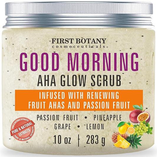First Botany Body Scrub - Natural Exfoliating Salt Scrub & Body and Face Souffle helps with Moisturizing Skin, Acne, Cellulite, Dead Skin Scars, Wrinkles (10 fl oz, AHA Passion Fruit)