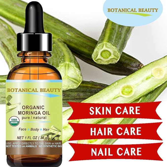 Botanical Beauty Organic Moringa Oil 100% Pure Natural Undiluted 1 Fl.oz.- 30 ml. for Face Skin, Hair, Lips, Body, Nails Rich in Vitamin C, Vitamin E