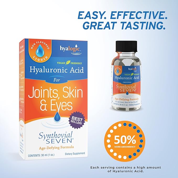 Hyalogic Synthovial Seven - Oral Hyaluronic Acid Supplement 1oz (Pack of 2) - Liquid HA Supports Skin, Eye, and Lip Hydration - Gluten-Free, Vegan