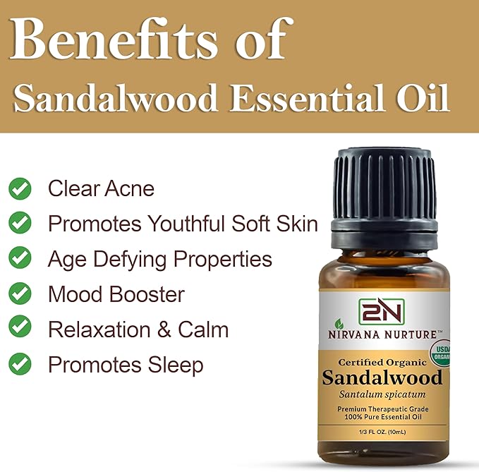 Sandalwood Essential Oil USDA Certified Organic 100% Pure Premium Therapeutic Grade, Undiluted - Aromatherapy Diffuser for Calm and Relaxation, Skin Care, Hair Care